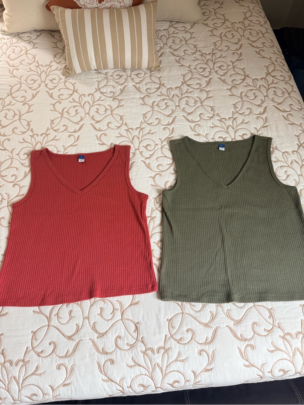 Old Navy Ribbed V-Neck Tank Tops - Rust Red and Olive Green